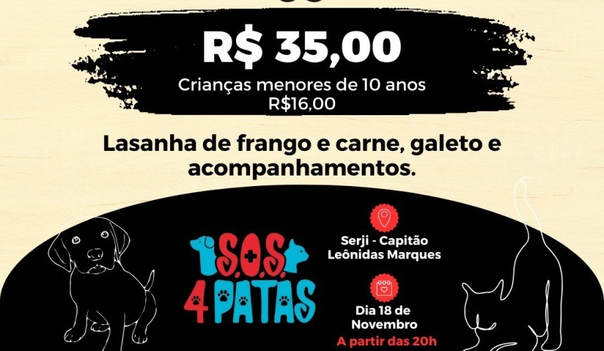 Capitão: SOS 4 patas irá promover jantar beneficente neste sábado (18) para arrecadar fundos para a instituição