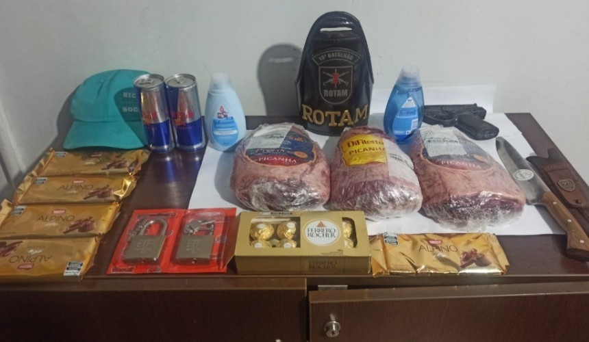 Após furtar faca de alto valor, picanha e diversos produtos, homem é preso pela Rotam