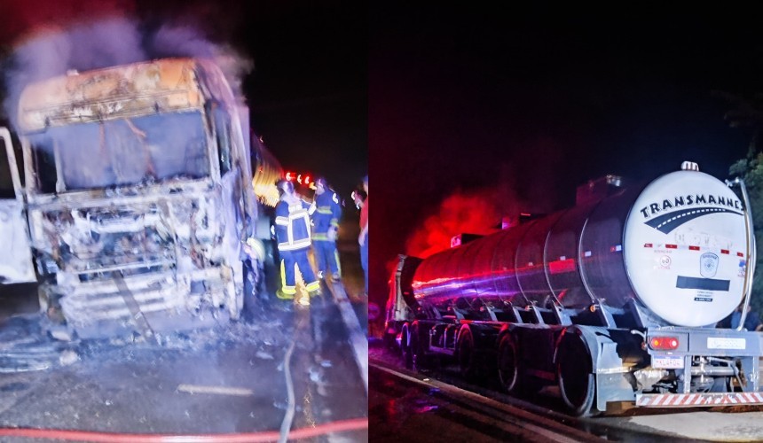 Corpo de Bombeiros de Capitão atendem incêndio em caminhão na BR-163 próximo a ponte do Rio Iguaçu