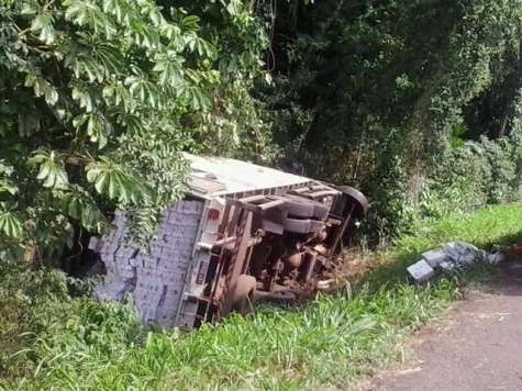  Caminhão baú carregado de forro PVC tomba na BR 163